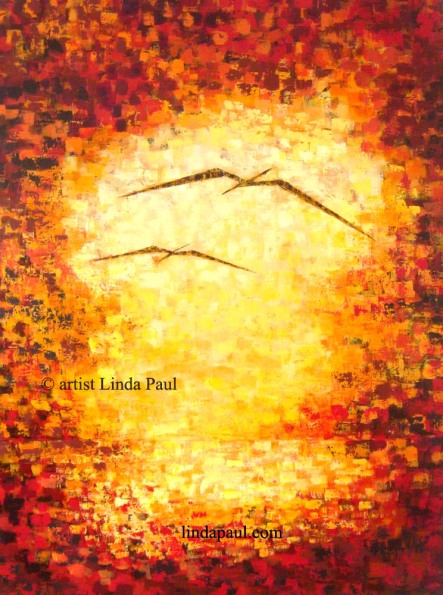 flight-abstract-painting-2-birds-autumn-colors-sunset-ocean-original-art-artist-Linda-Paul